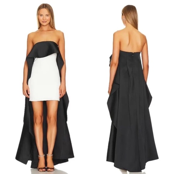 NWT Alice + Olivia Theda Strapless Hi Lo Mini Dress in Ecru & Black - Picture 1 of 10